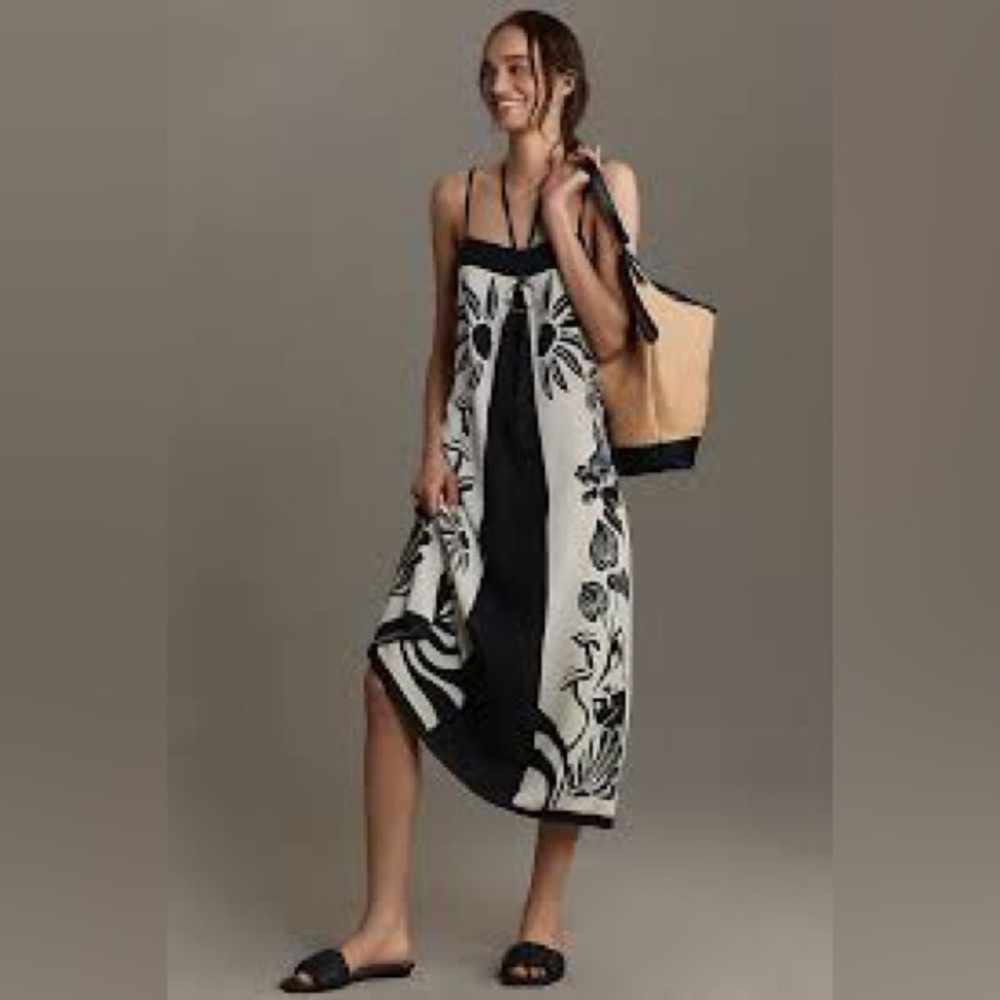 Anthropologie Black and Cream Floral Midi Dress